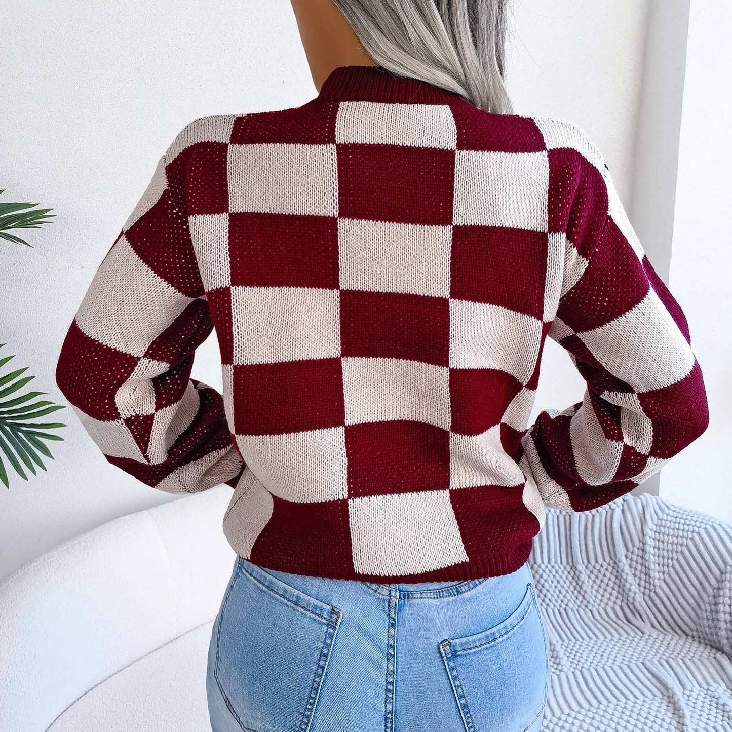 Hope & Sunshine - Colorblock Plaid Knit Sweater For Women