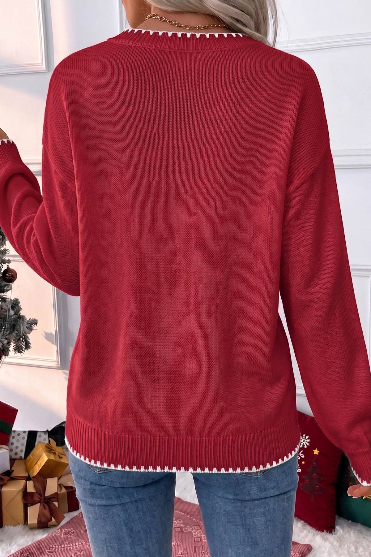 Stitched Detail Christmas Tree Holiday Casual Sweater