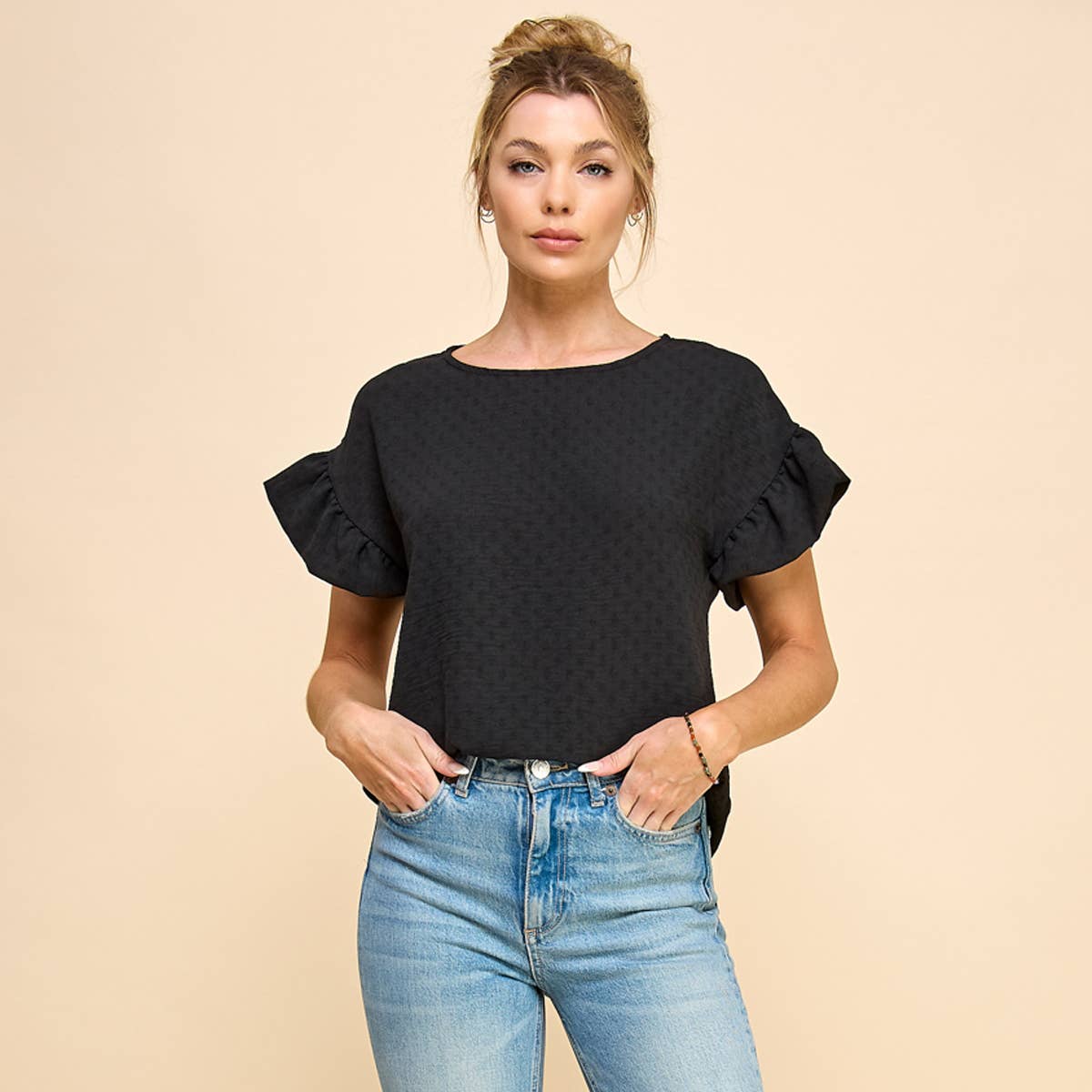 Solid Texturized Drop Shoulder Top with Ruffled Sleeves