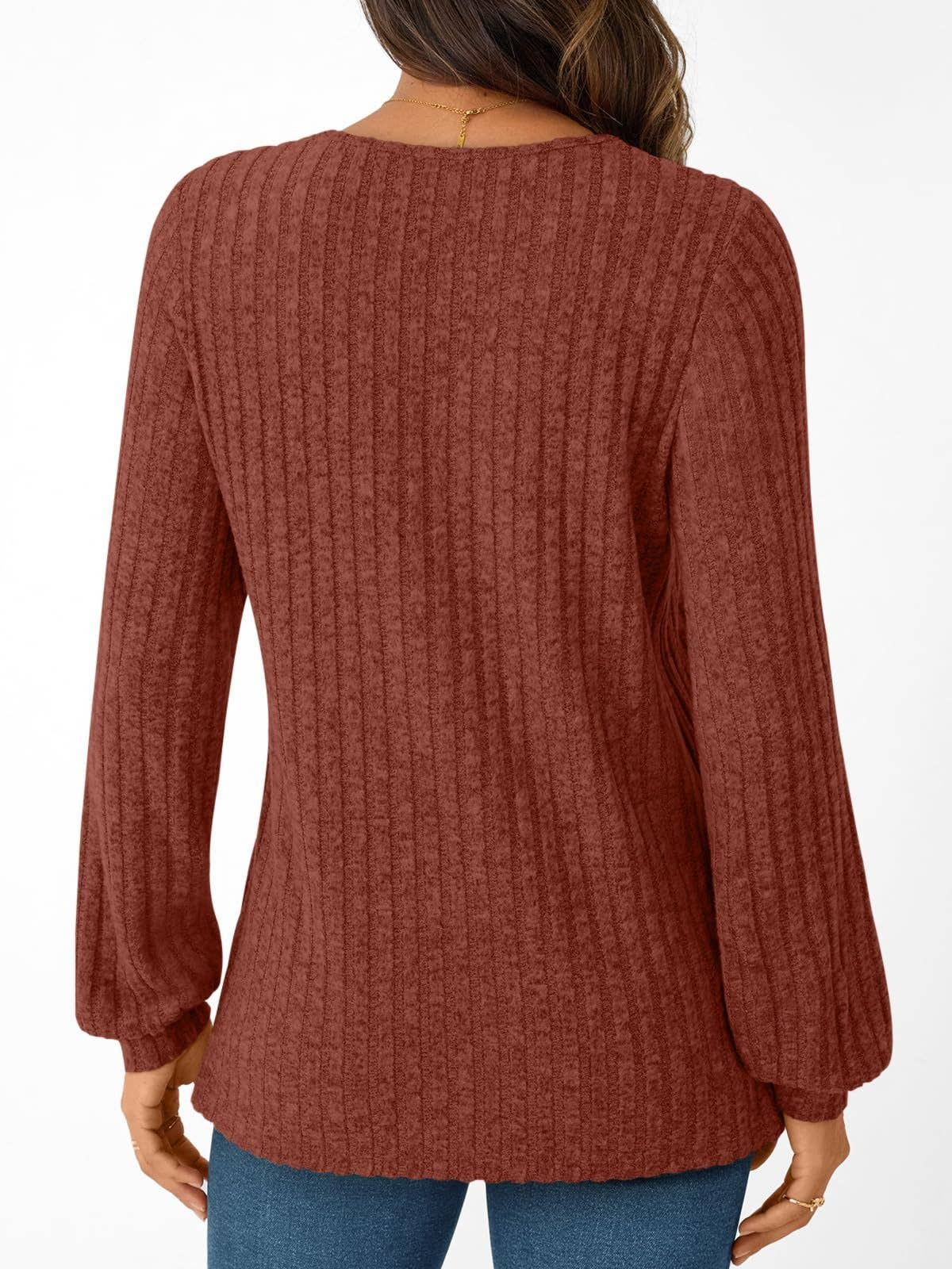 Suhkasana - Textured Rib Knit V-Neck Pullover Long Sleeve Top