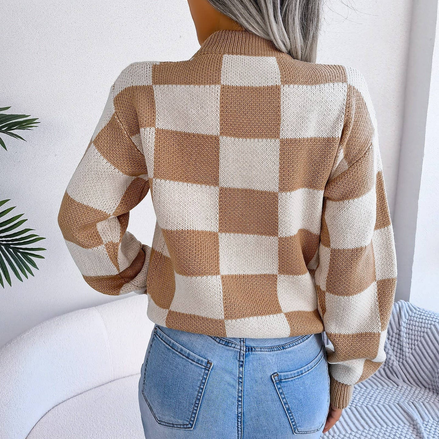 Hope & Sunshine - Colorblock Plaid Knit Sweater For Women
