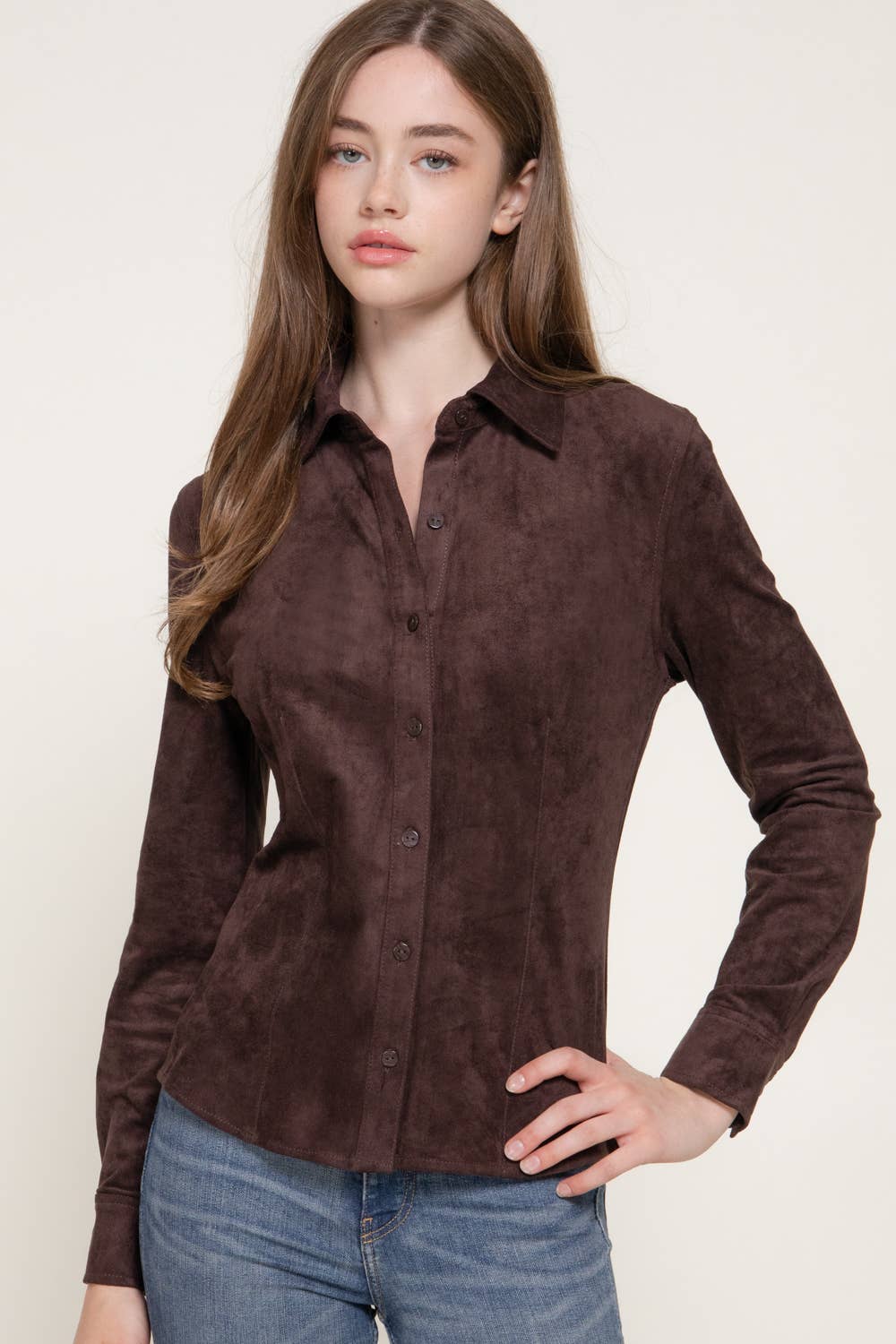 Active Basic | Active USA - Long Sleeve Button Down Stretch Faux Suede Shirt
