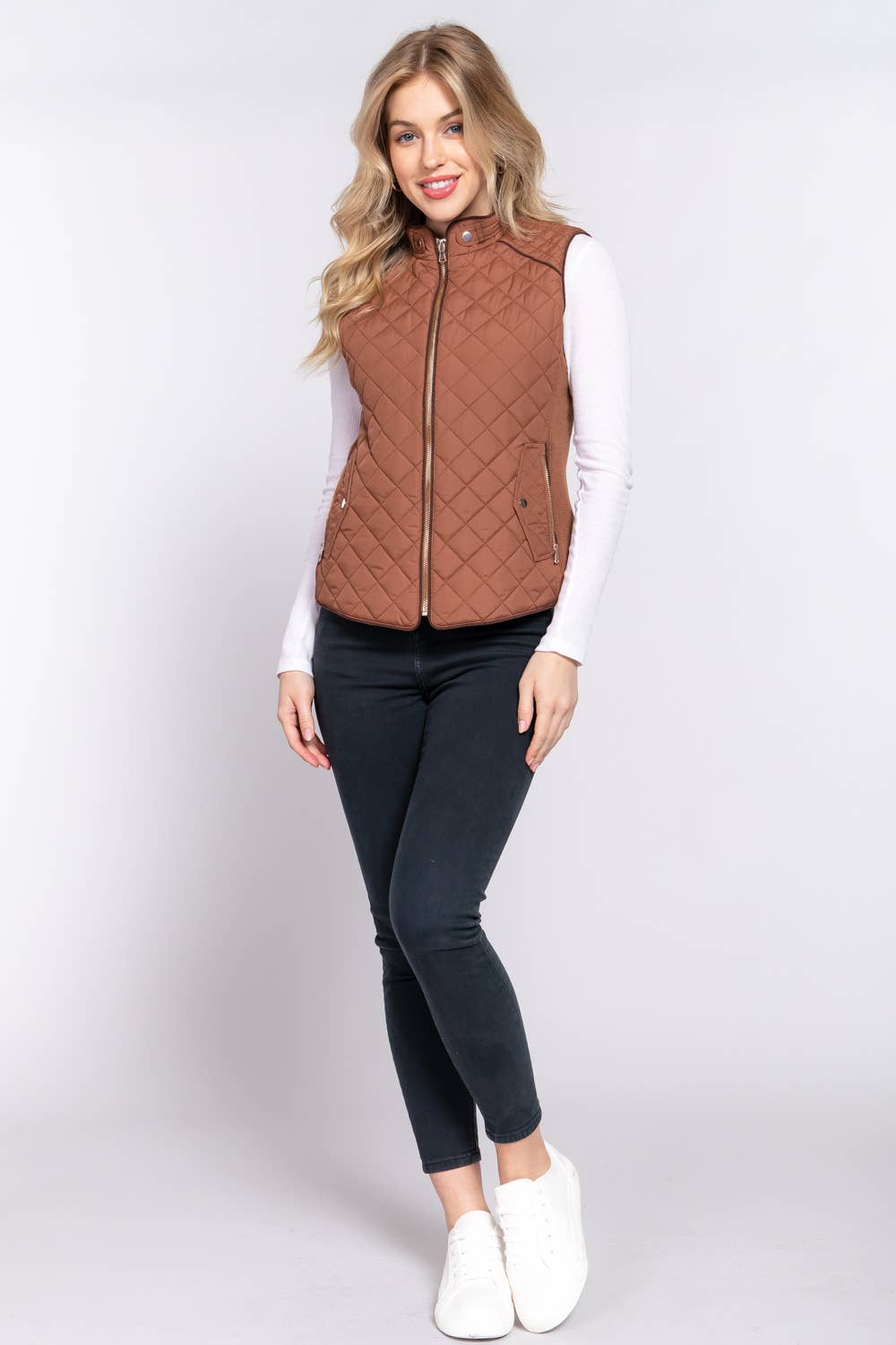 Active Basic | Active USA - Suede Piping Detail Rib Quilted Padding Vest