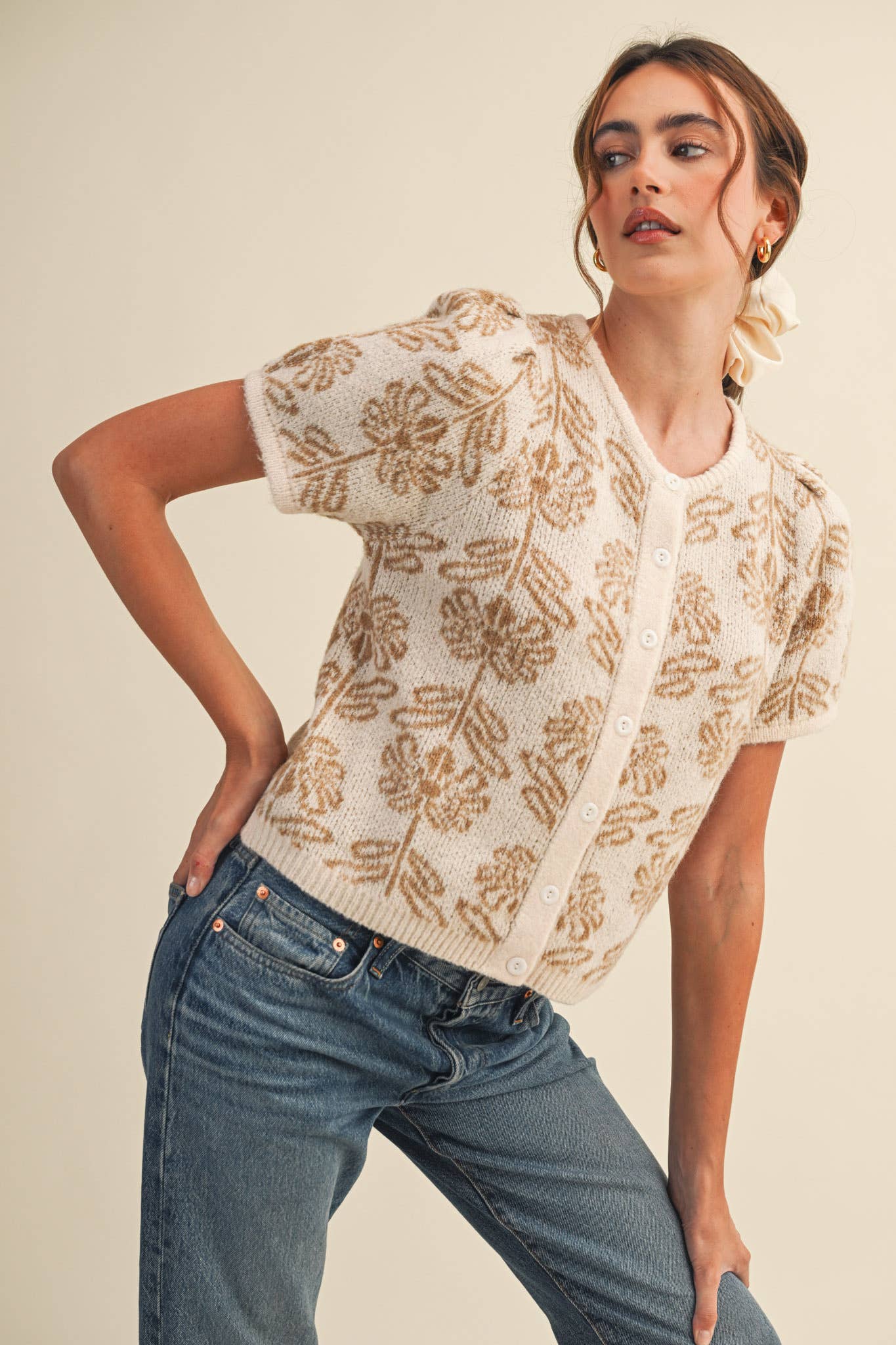 FLORAL KNIT SHORT PUFF SLEEVE SWEATER CARDIGAN MSW11215