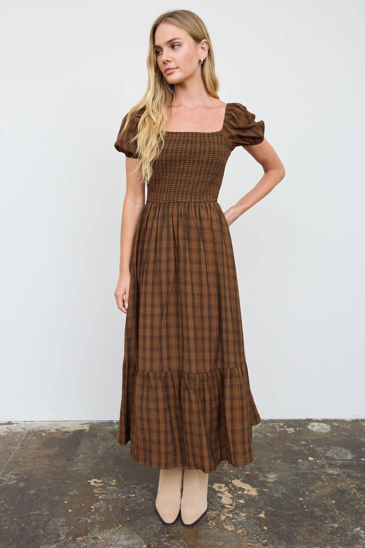 Plaid Smocked Puff Sleeve Tiered Midi Dress