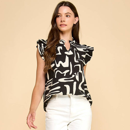 Abstract Print V Neck with Ruffled Neck and Sleeves