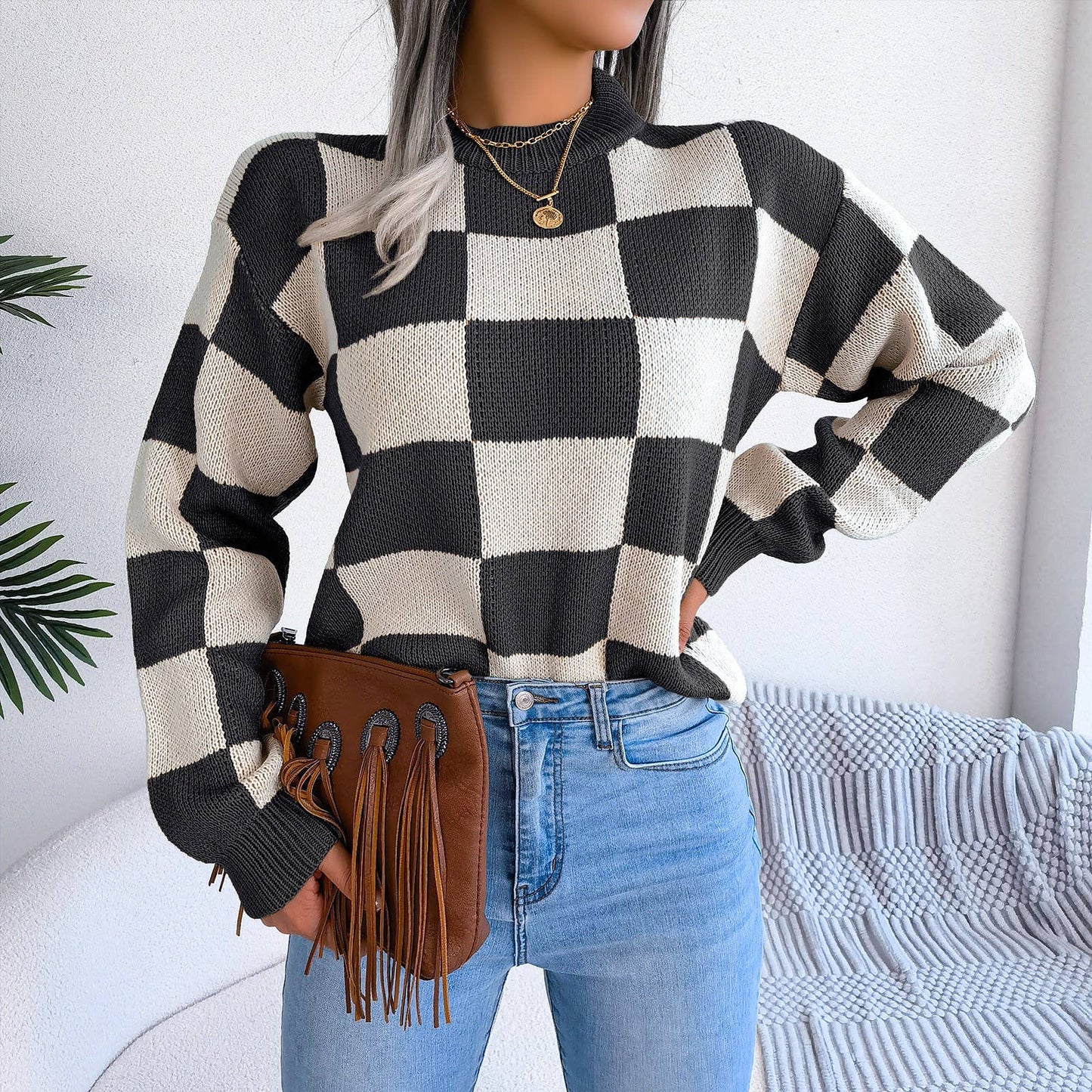 Hope & Sunshine - Colorblock Plaid Knit Sweater For Women