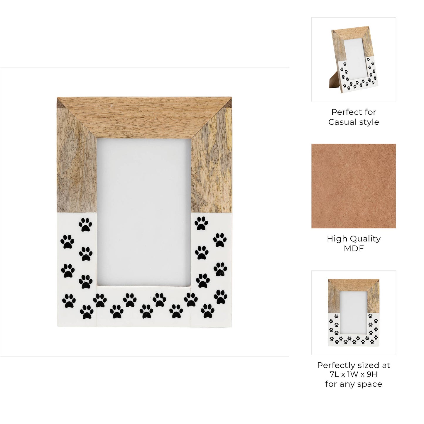 Sagebrook Home - Wood and Glass Paw Print Picture Frame - White, 4x6 in.