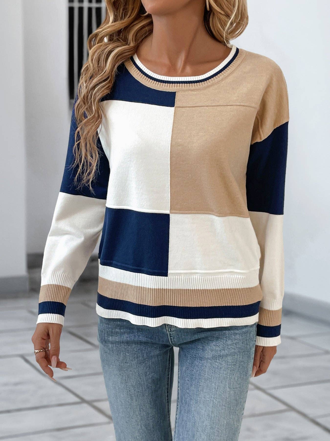 Suhkasana - Color Block Patchwork Crew Neck Long Sleeve Knit Top