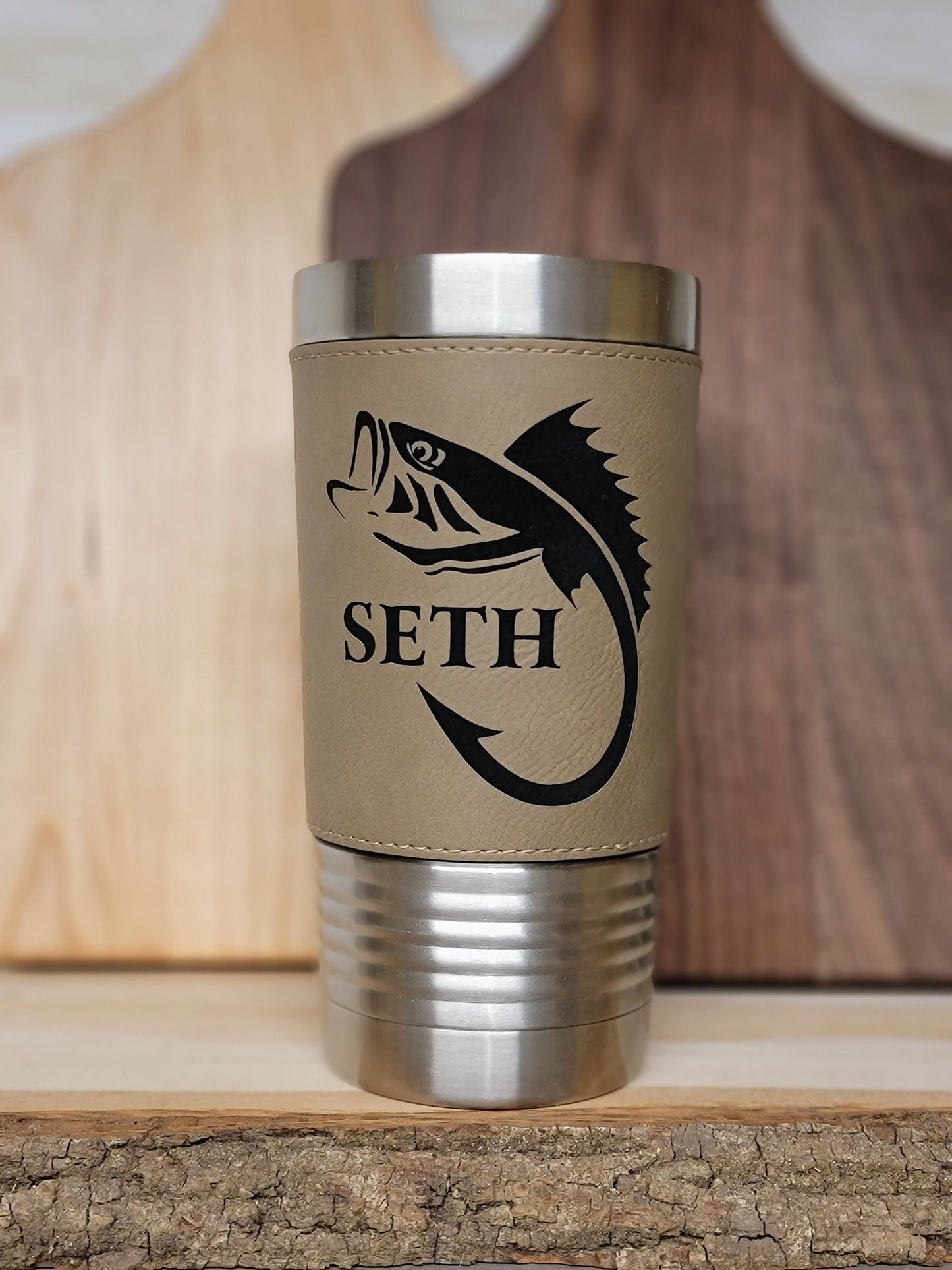 Fishing Leather Tumbler. Bass Fishing Engraved Cup.: Rawhide