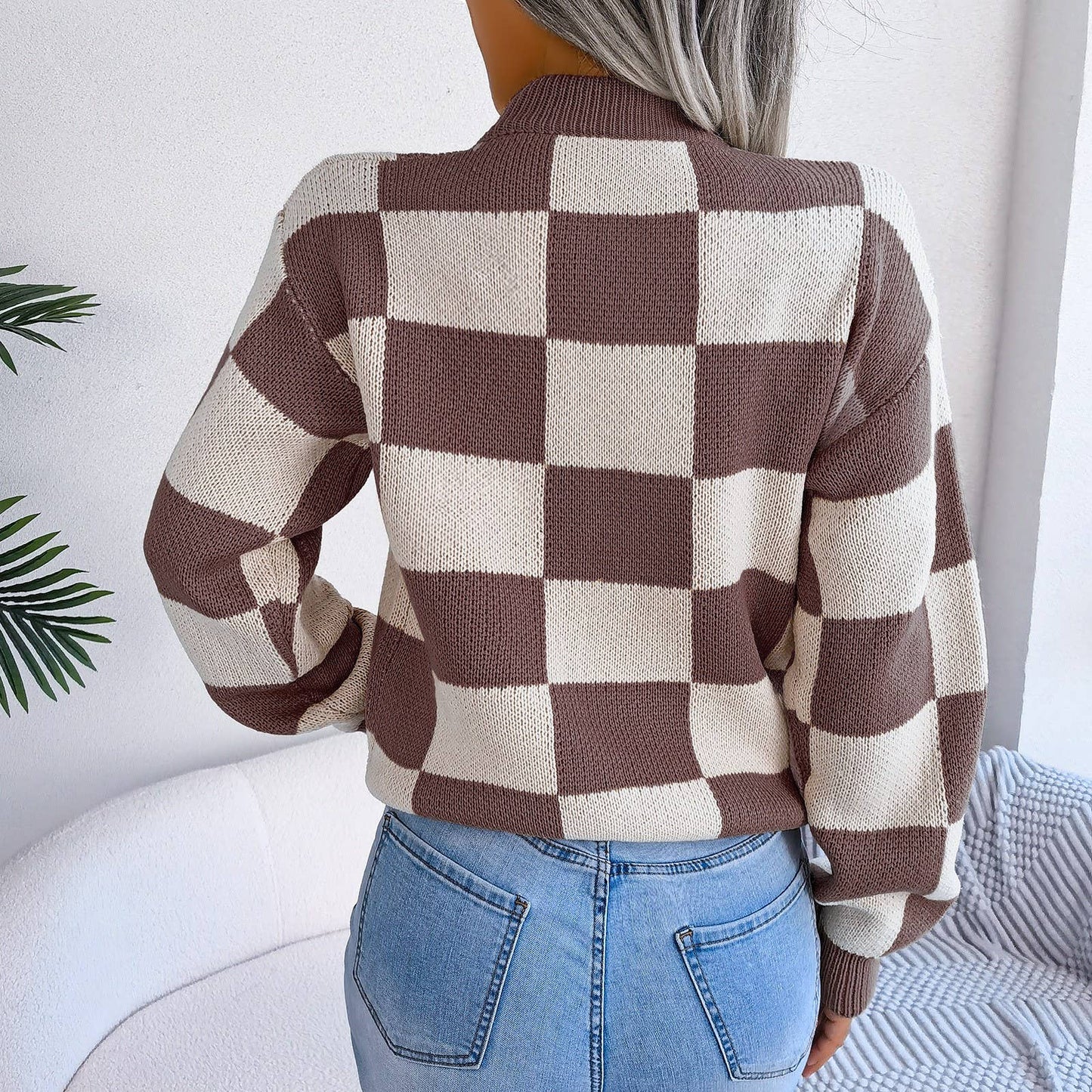 Hope & Sunshine - Colorblock Plaid Knit Sweater For Women