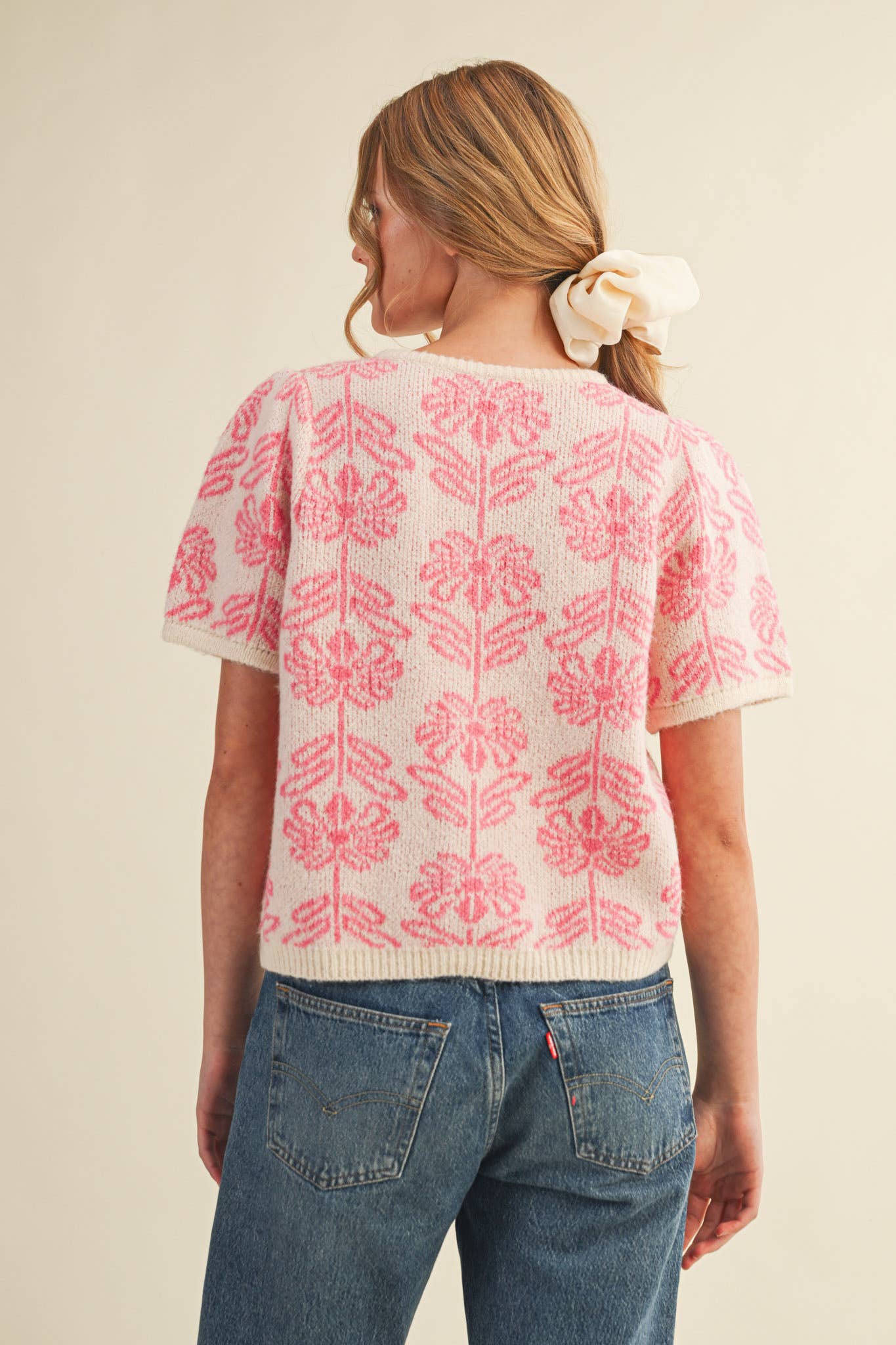 FLORAL KNIT SHORT PUFF SLEEVE SWEATER CARDIGAN MSW11215