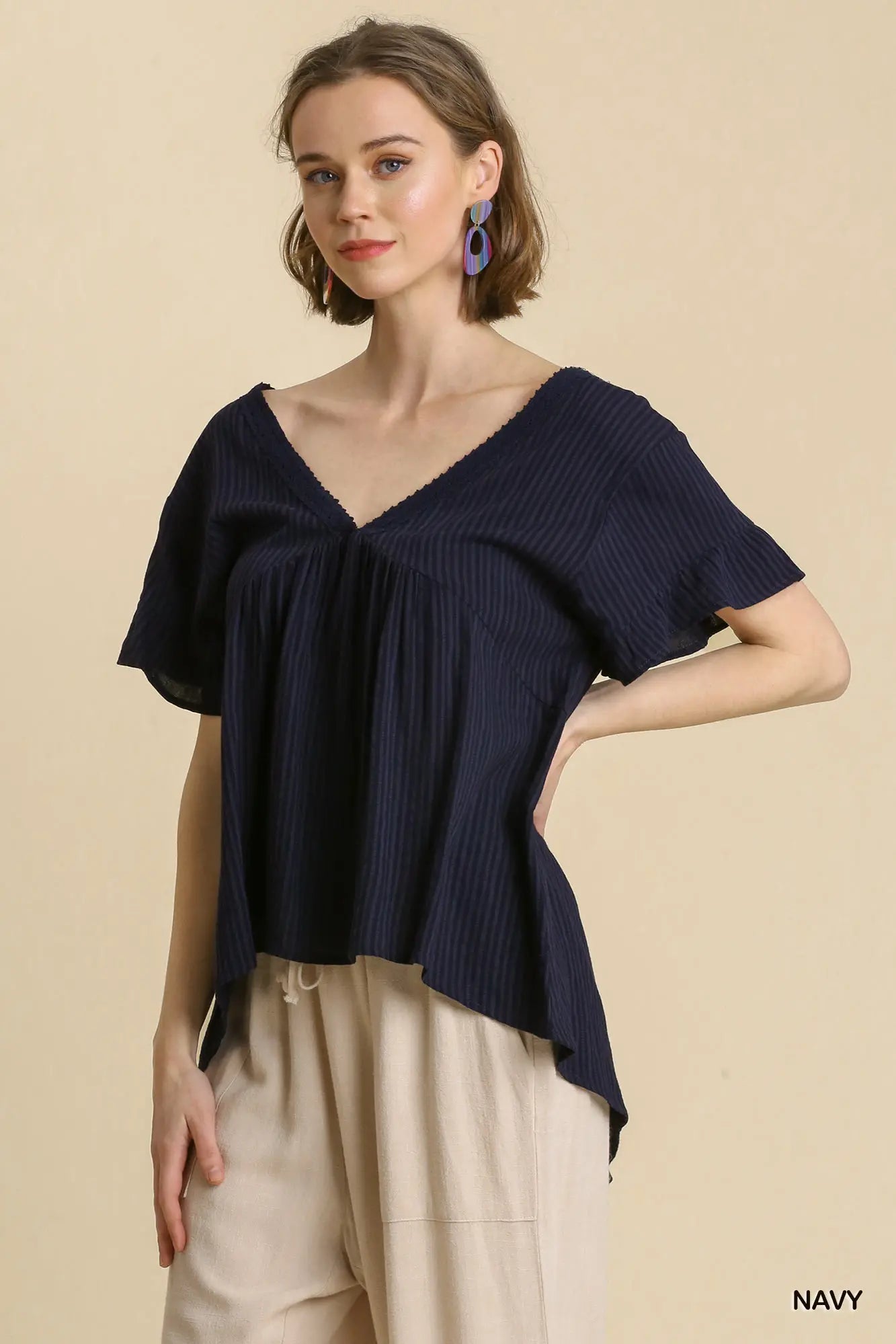 Deep V-Neck Short Sleeve Crochet Detail Top