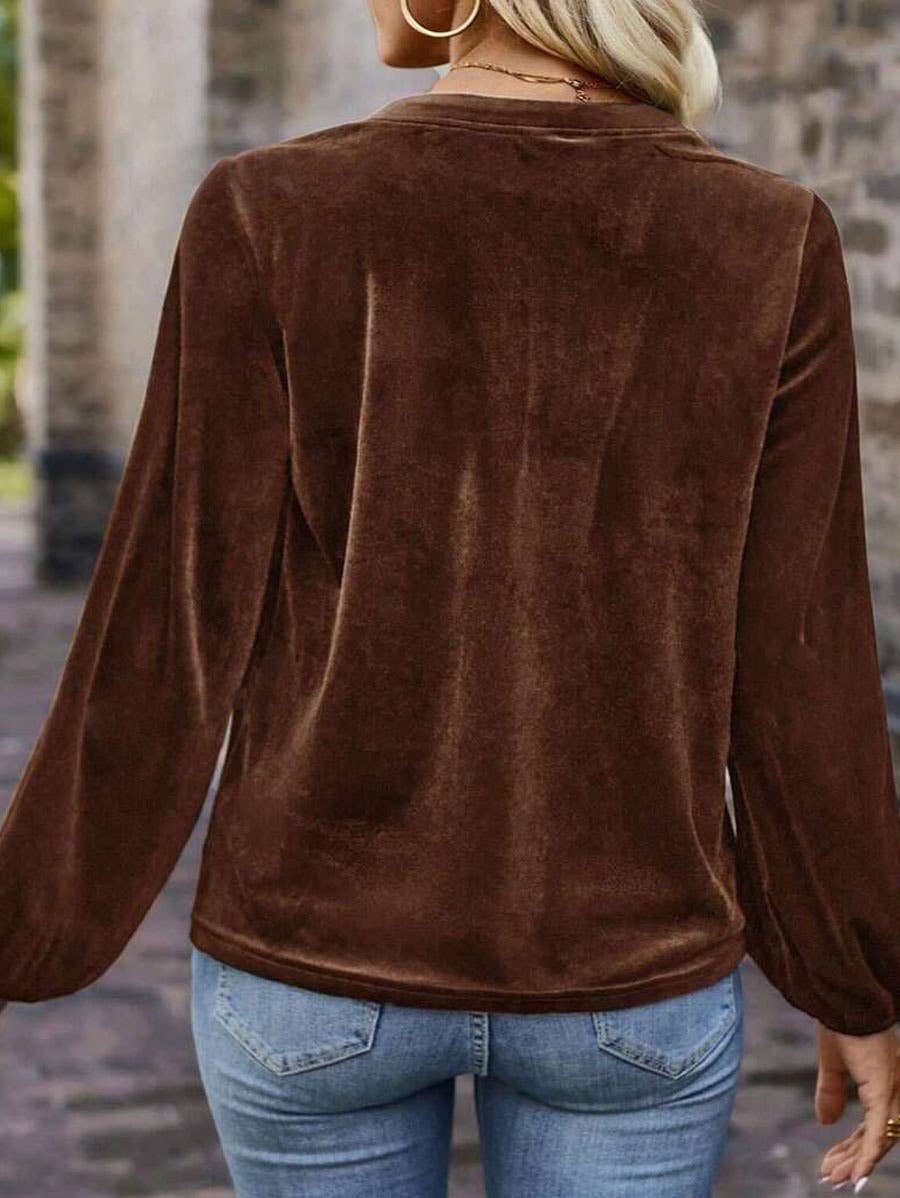 Velvet V-Neck Button Down Blouse