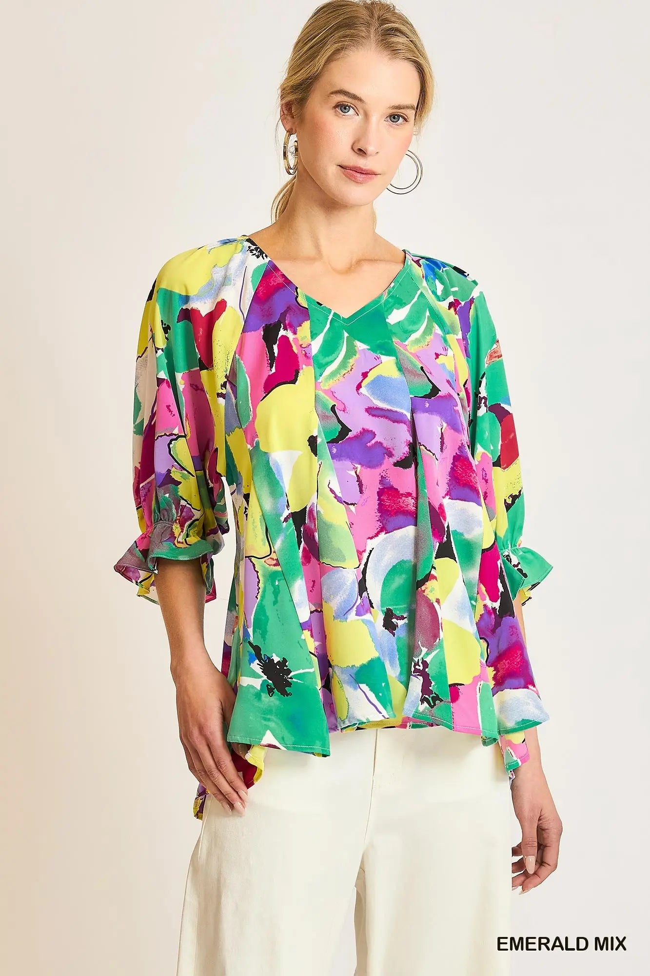 Floral Print 3/4 Elastic Ruffle Cuffed Sleeve V-Neck Top