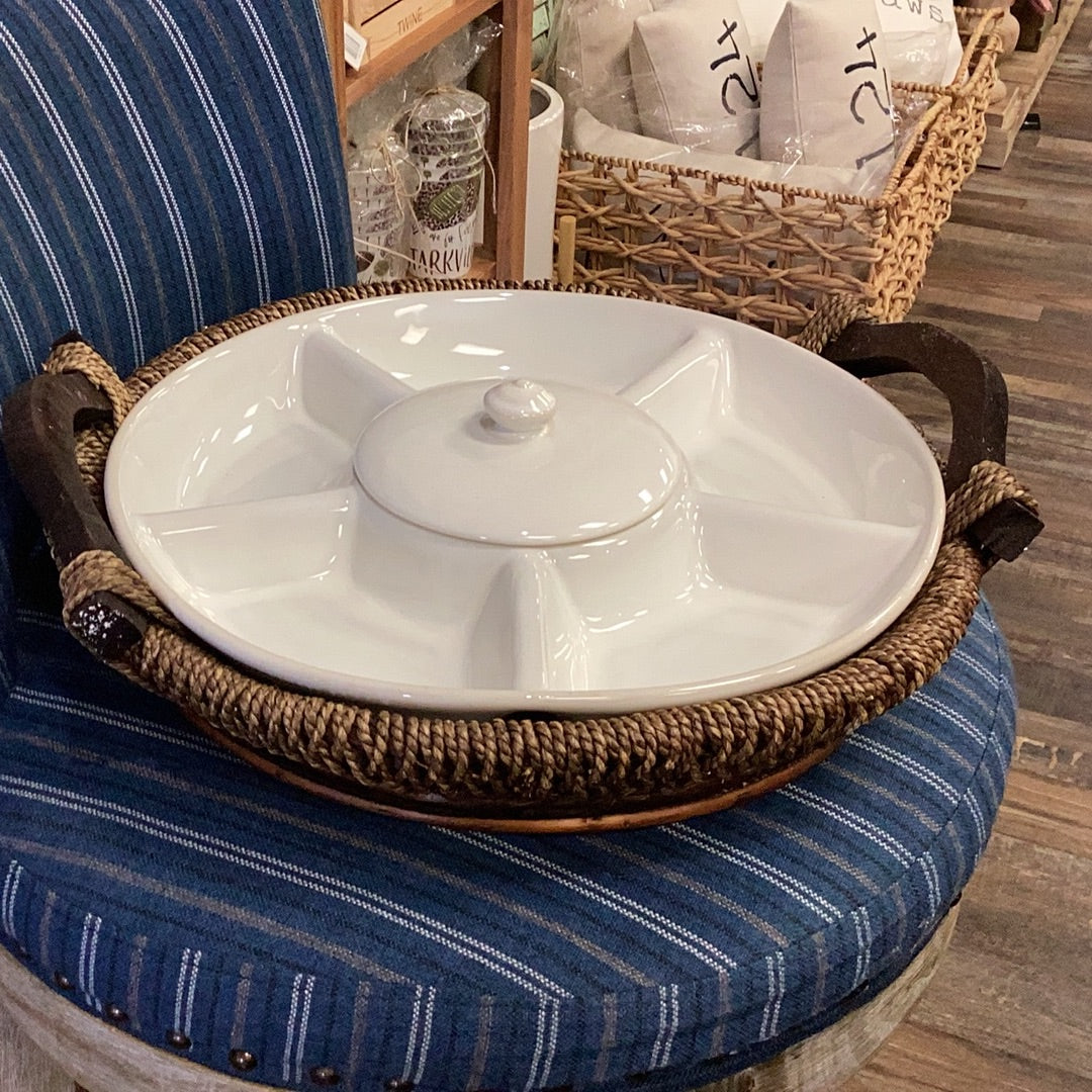 Ceramic Serving Tray with Wicker Base