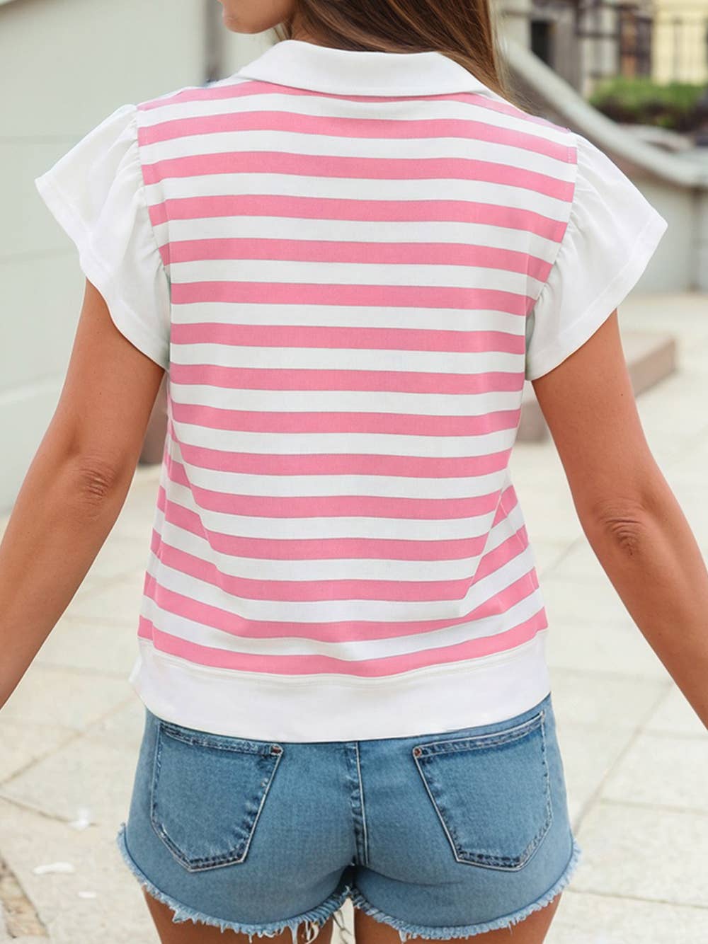 Stripe Collar V Neck Ruffled Short Sleeve Blouse | S-4X