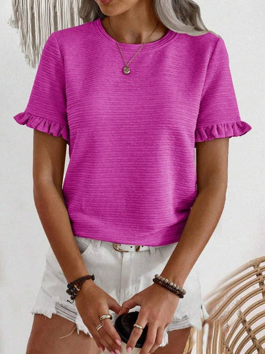 Ruffle Sleeve Round Neck Textured Top for Women
