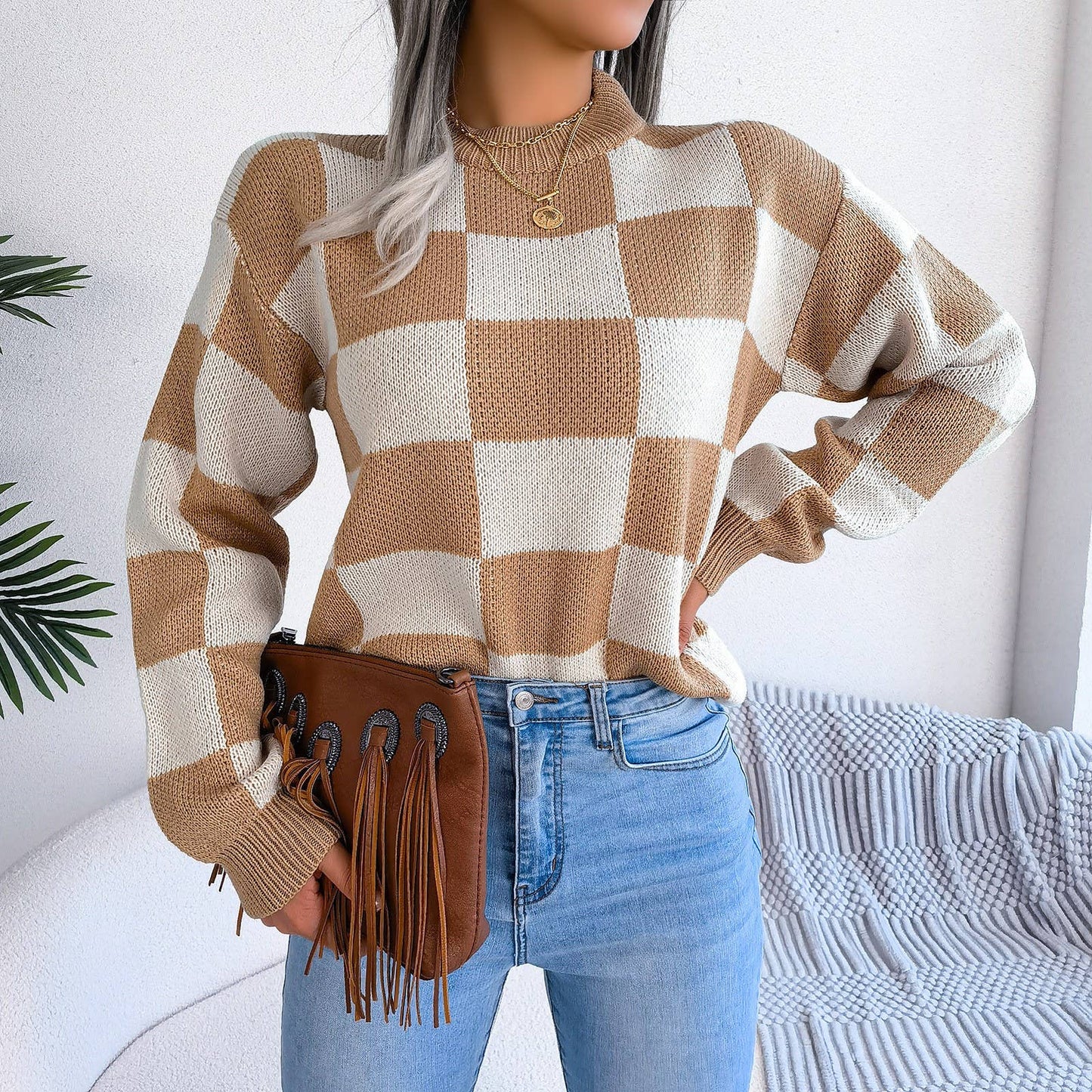 Hope & Sunshine - Colorblock Plaid Knit Sweater For Women