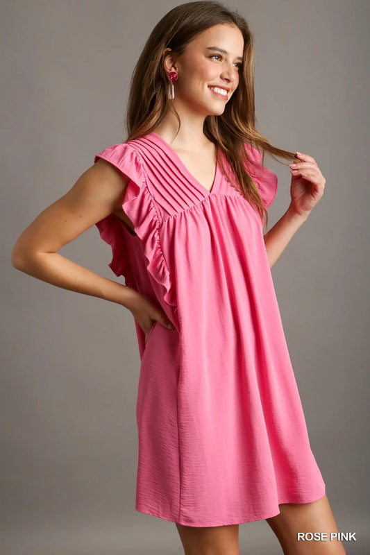 V-Neck Shift Dress with Ruffle Sleeves