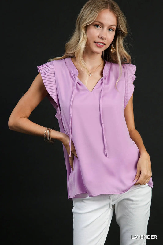 Laser Cut Pleated Sleeve Front Neck Tie