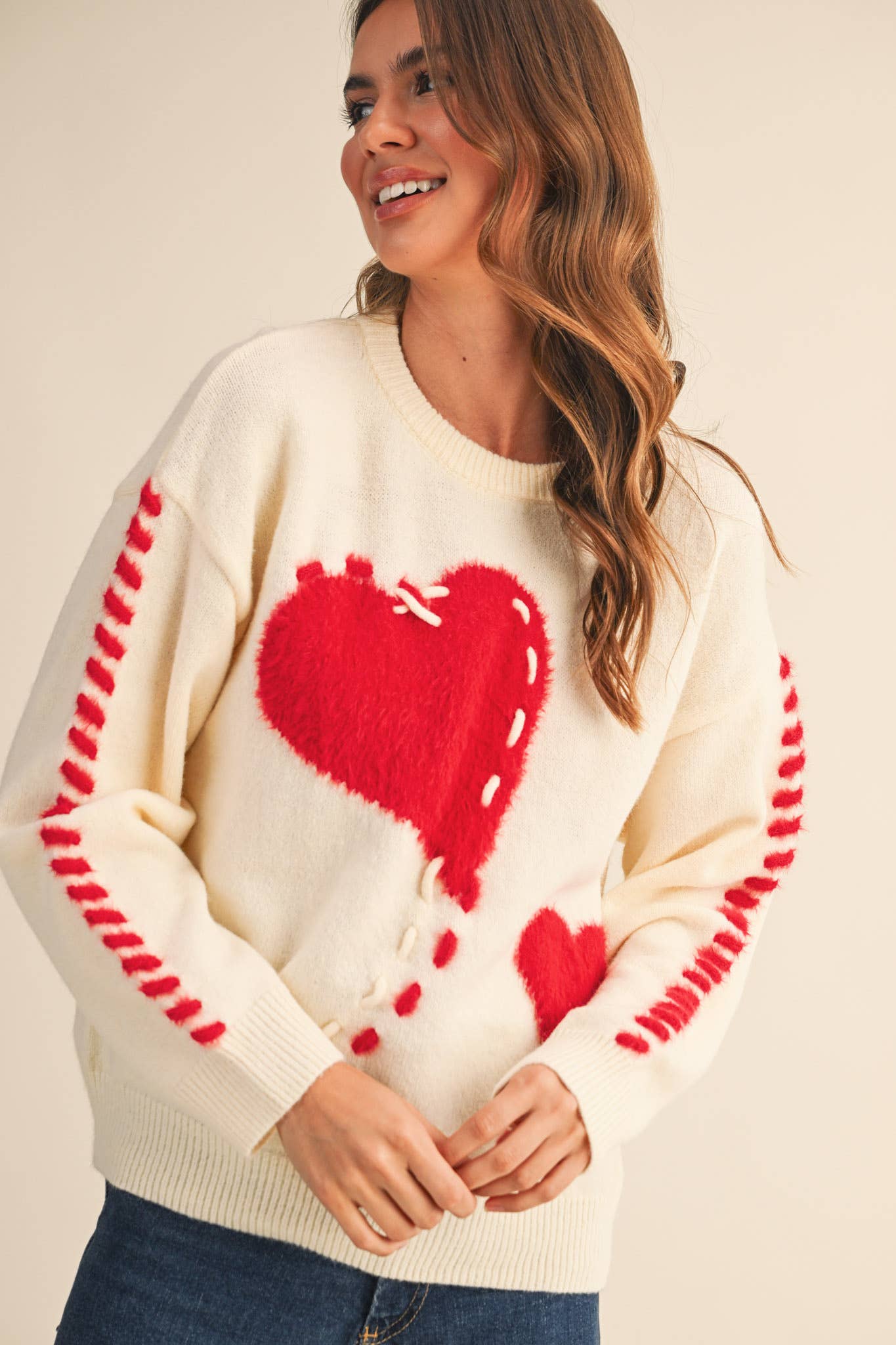 FUZZY HEART KNIT SWEATER WITH WHIP STITCH MSW10990