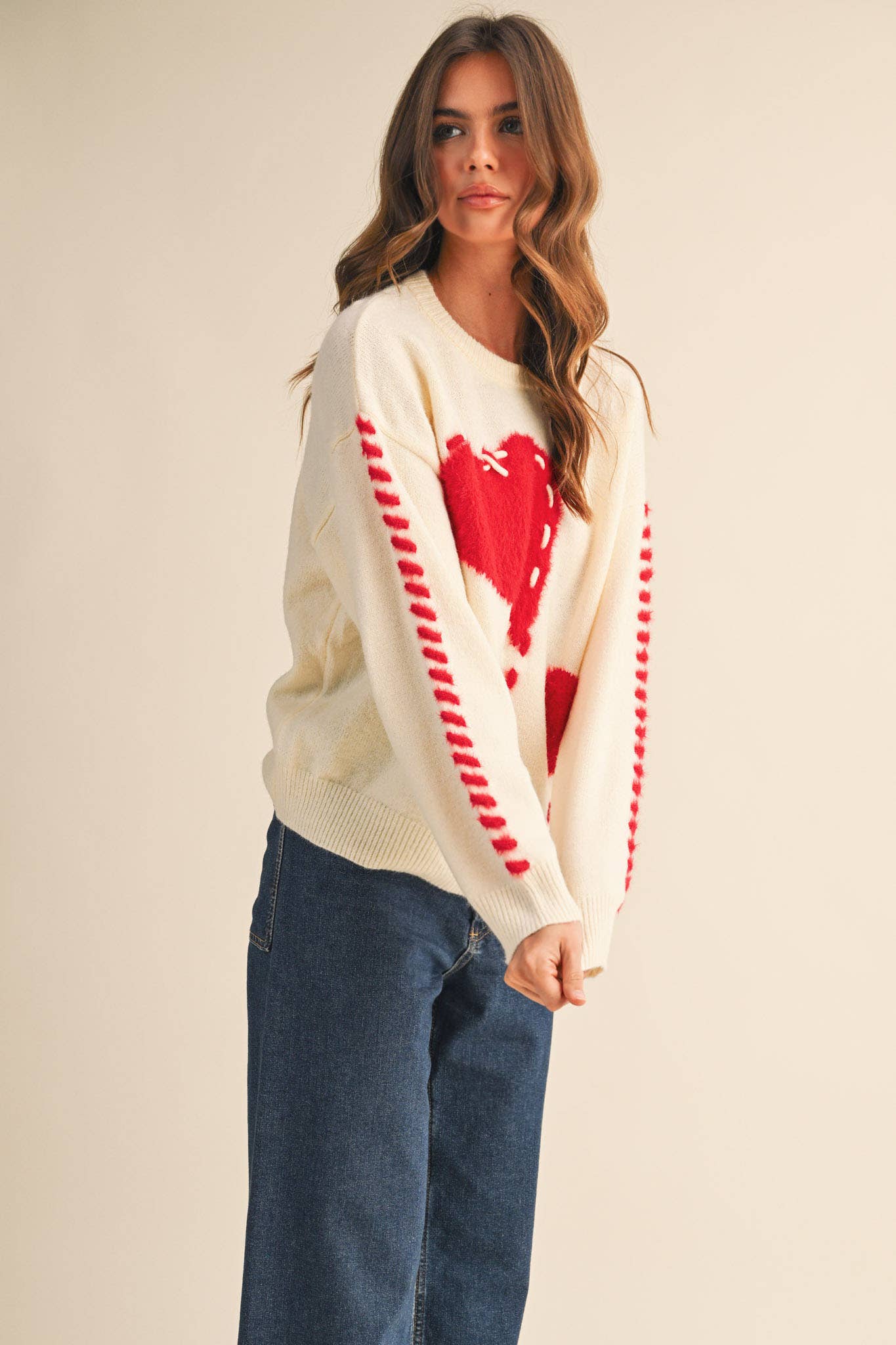 FUZZY HEART KNIT SWEATER WITH WHIP STITCH MSW10990