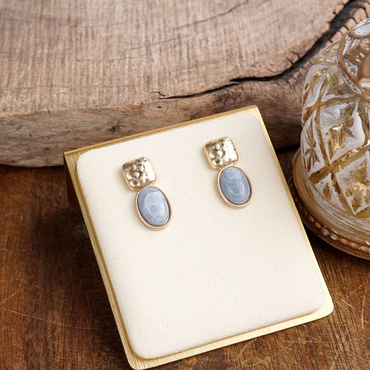 PennyLine inc - Quiet Gleam – Hammered Cabochon Stud Drop Earrings