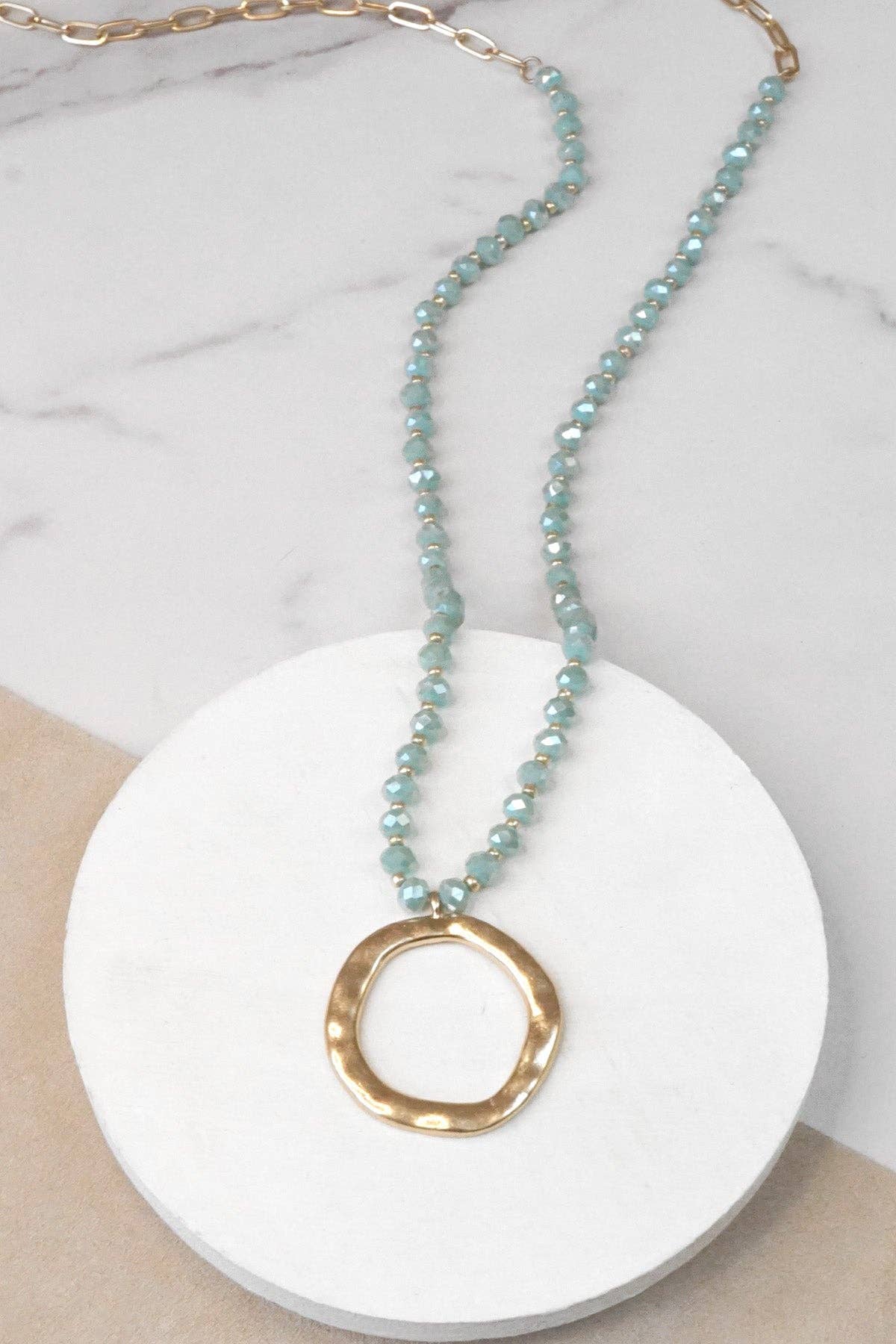 PennyLine inc - Beaded Necklace with Gold Tone Circle Pendant Aqua