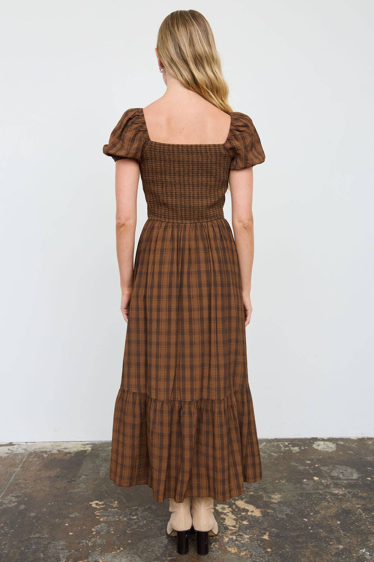 Plaid Smocked Puff Sleeve Tiered Midi Dress