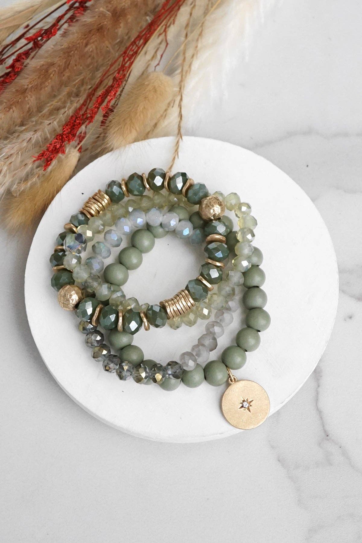 PennyLine inc - Beaded bracelets set in Olive green with a coin charm