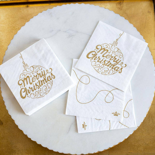 Merry Christmas Ornament Script Cocktail Napkins   White/Gold   5"