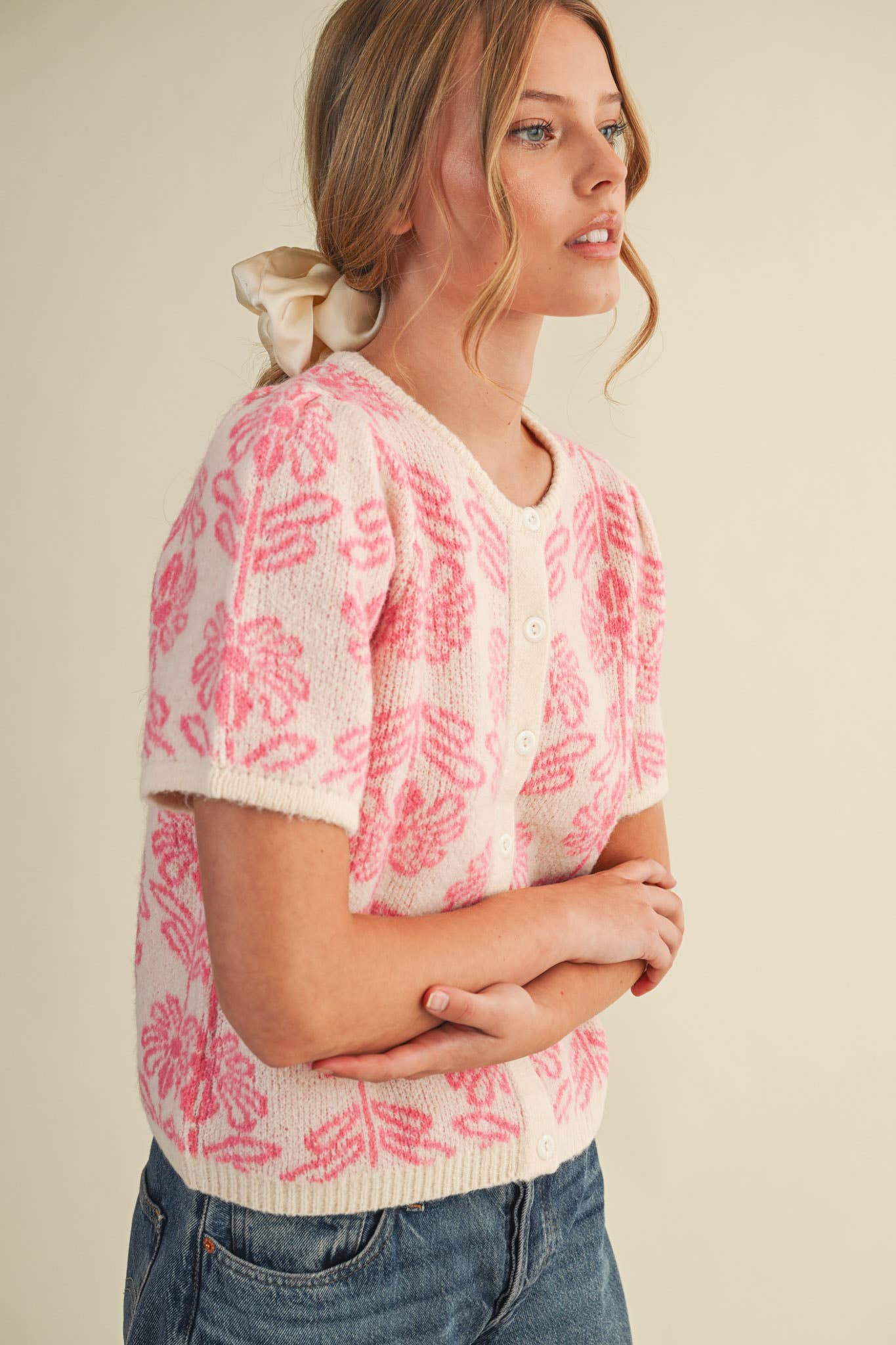 FLORAL KNIT SHORT PUFF SLEEVE SWEATER CARDIGAN MSW11215