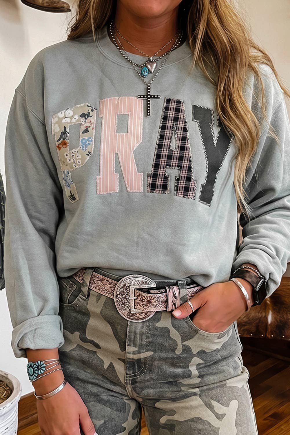 Striped PRAY Embroidered Patch Western Sweatshirt