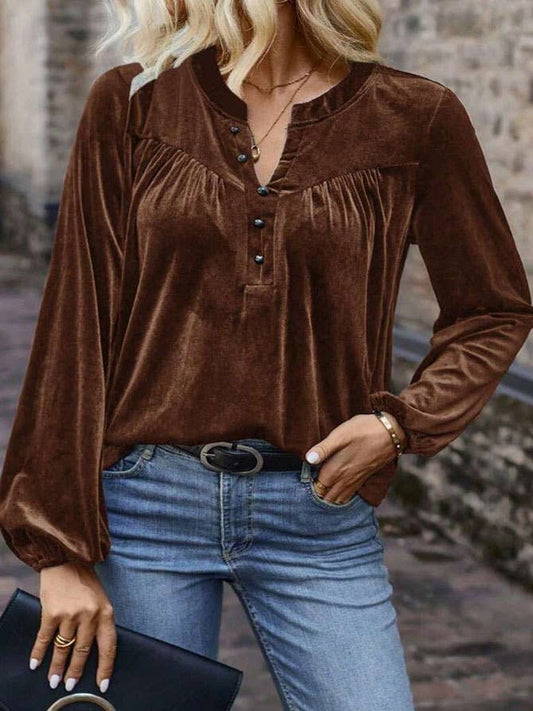 Velvet V-Neck Button Down Blouse
