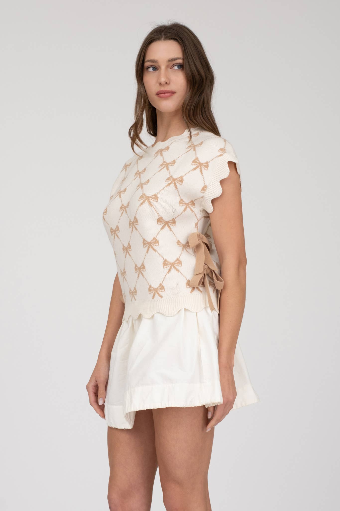 Blu Pepper - BOW PATTERN SHORT SLEEVE SIDE TIE KNIT PULLOVER