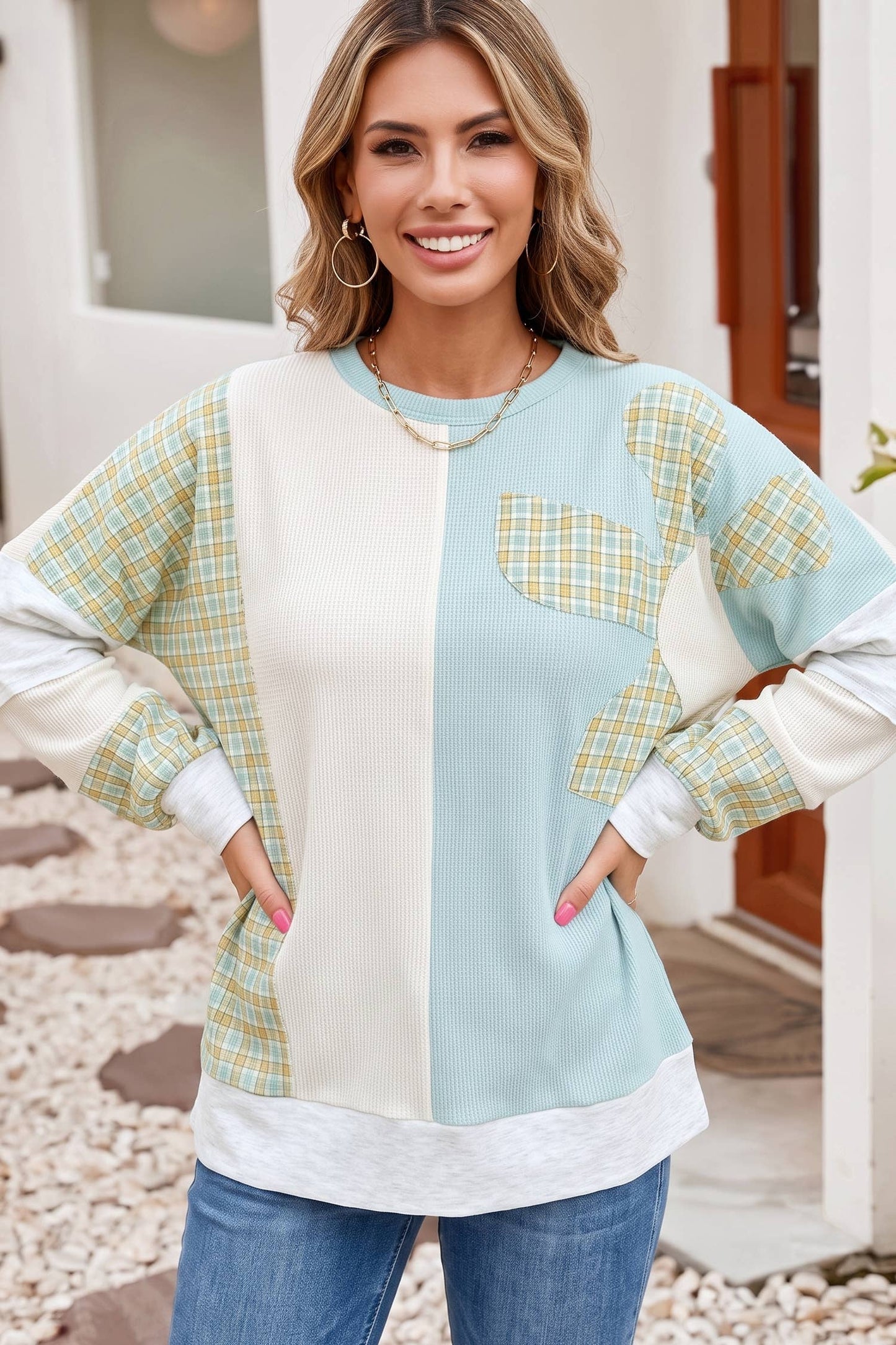 Little Daisy Closet - LDC Plaid Patchwork Round Neck Long Sleeve Top
