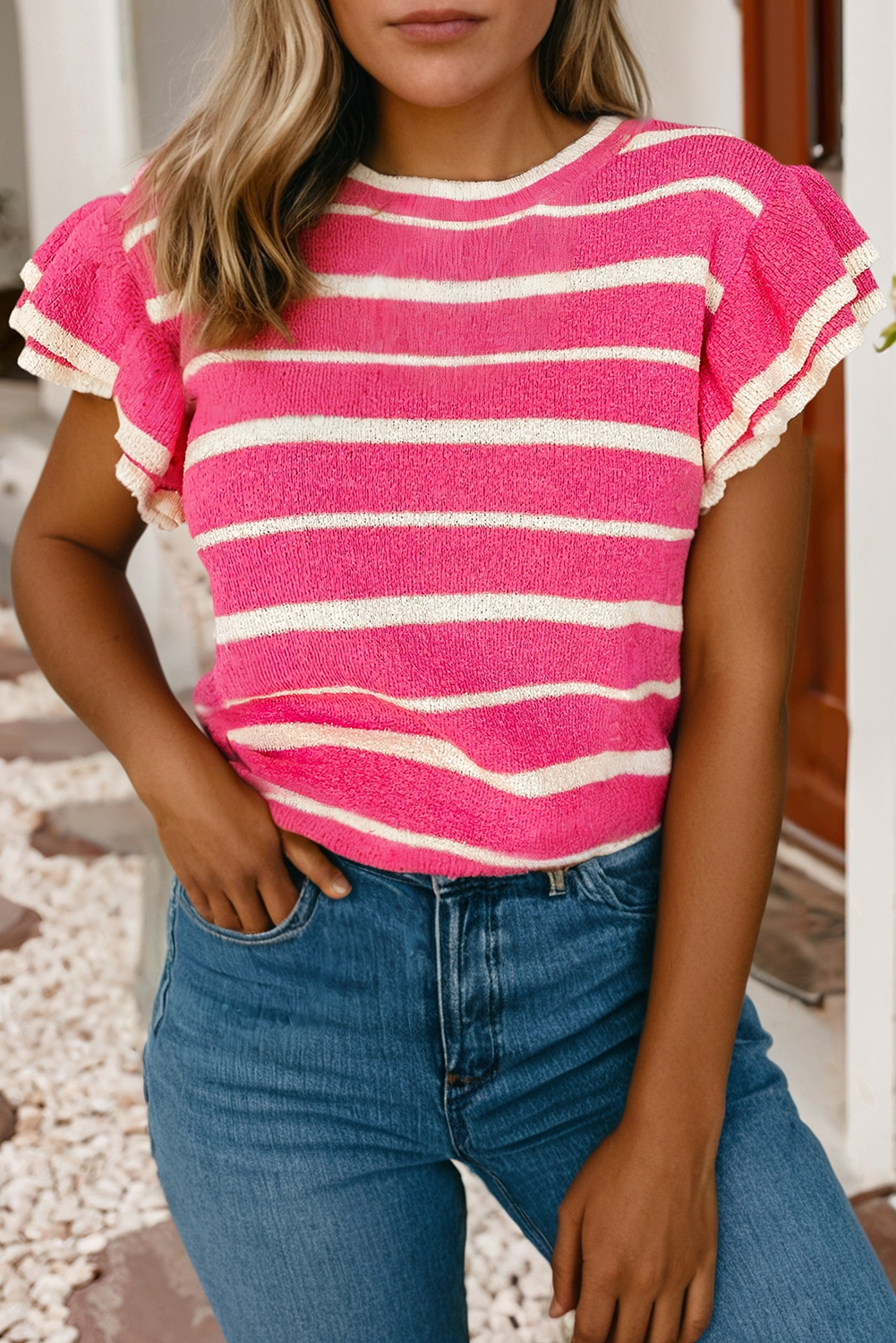Little Daisy Closet - LDC Double Ruffle Stripe Lightweight Knit Sweater