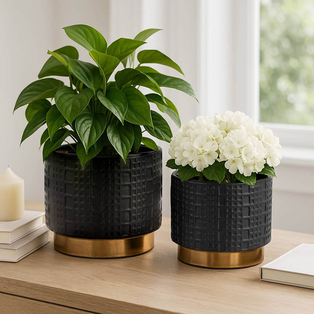 Sagebrook Home - Planter Set of 2 - Black Ceramic Raised Mesh, 6/8 in.