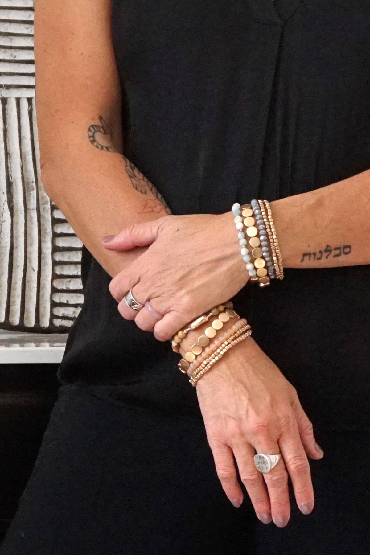 PennyLine inc - 5 piece Boho Beaded Bracelets Stack Semi Precious Metal Glass Beads Golden nugget flat beads