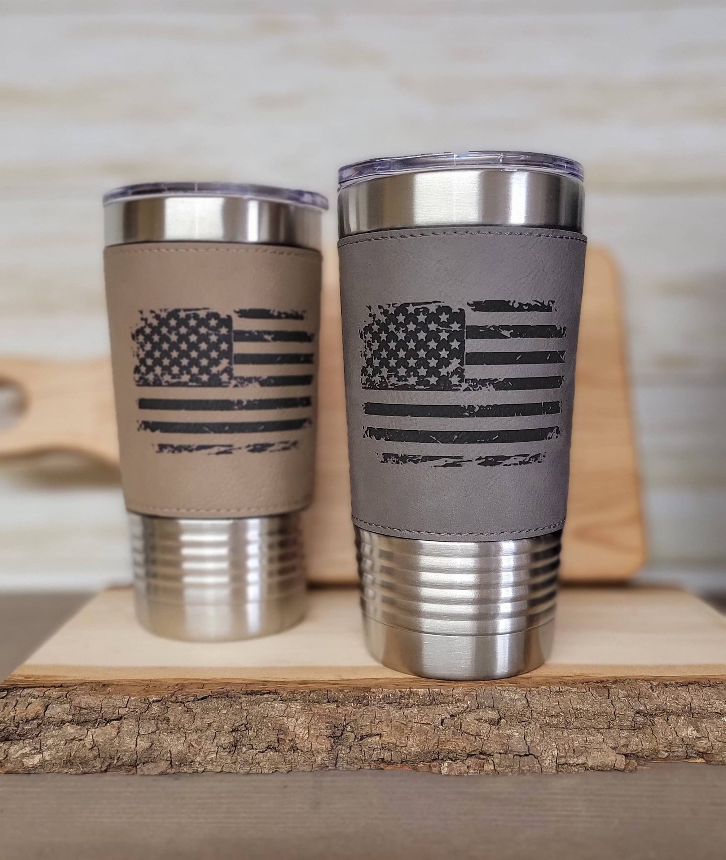 Distressed American Flag Engraved Tumbler 20oz: Gray