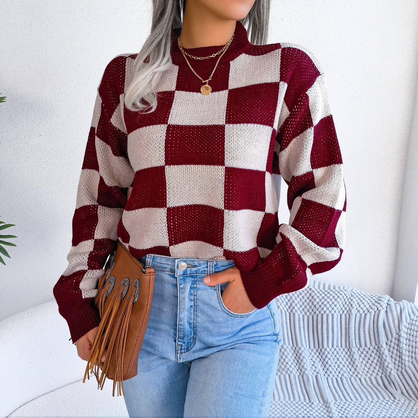 Hope & Sunshine - Colorblock Plaid Knit Sweater For Women