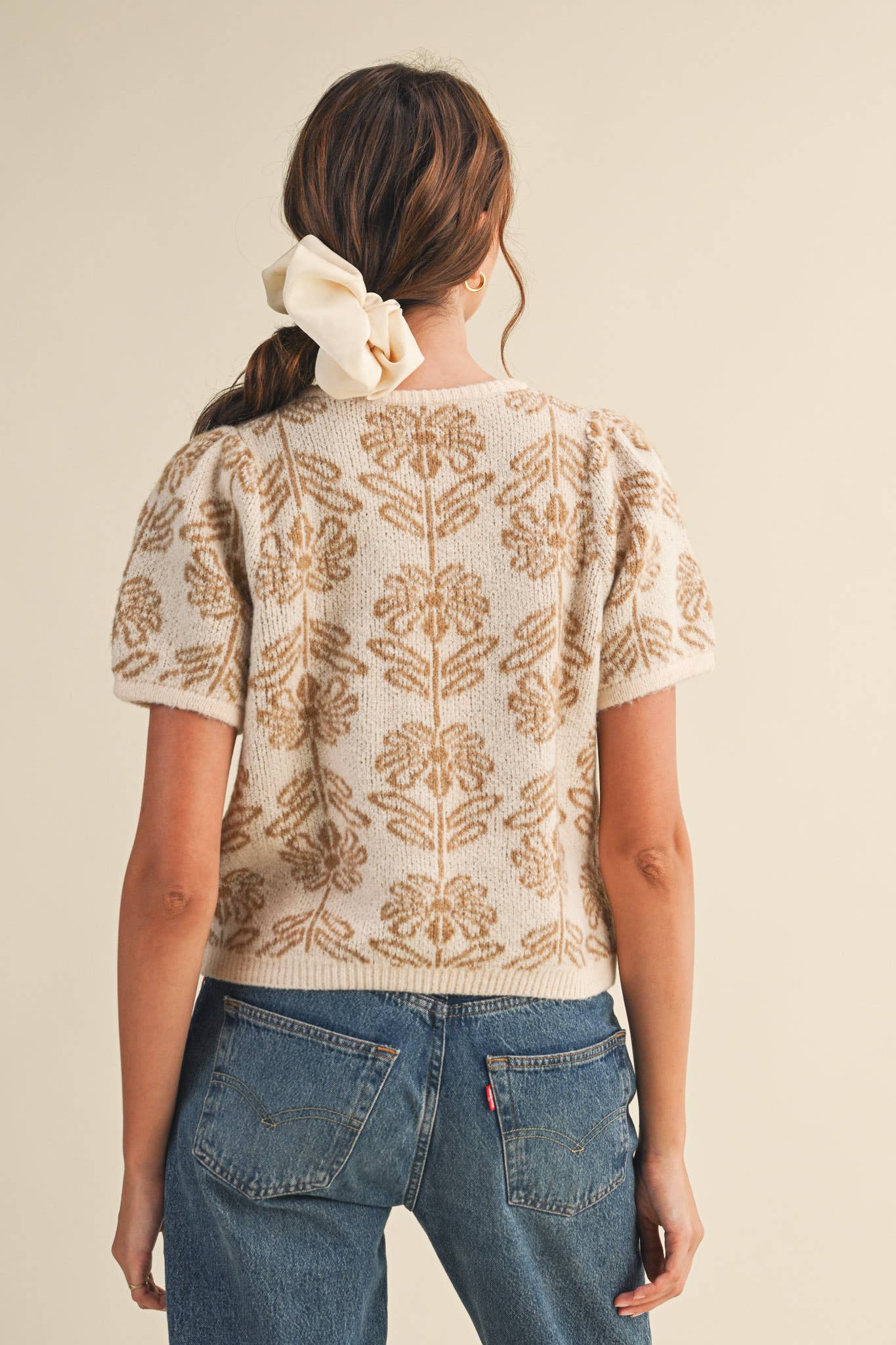 FLORAL KNIT SHORT PUFF SLEEVE SWEATER CARDIGAN MSW11215