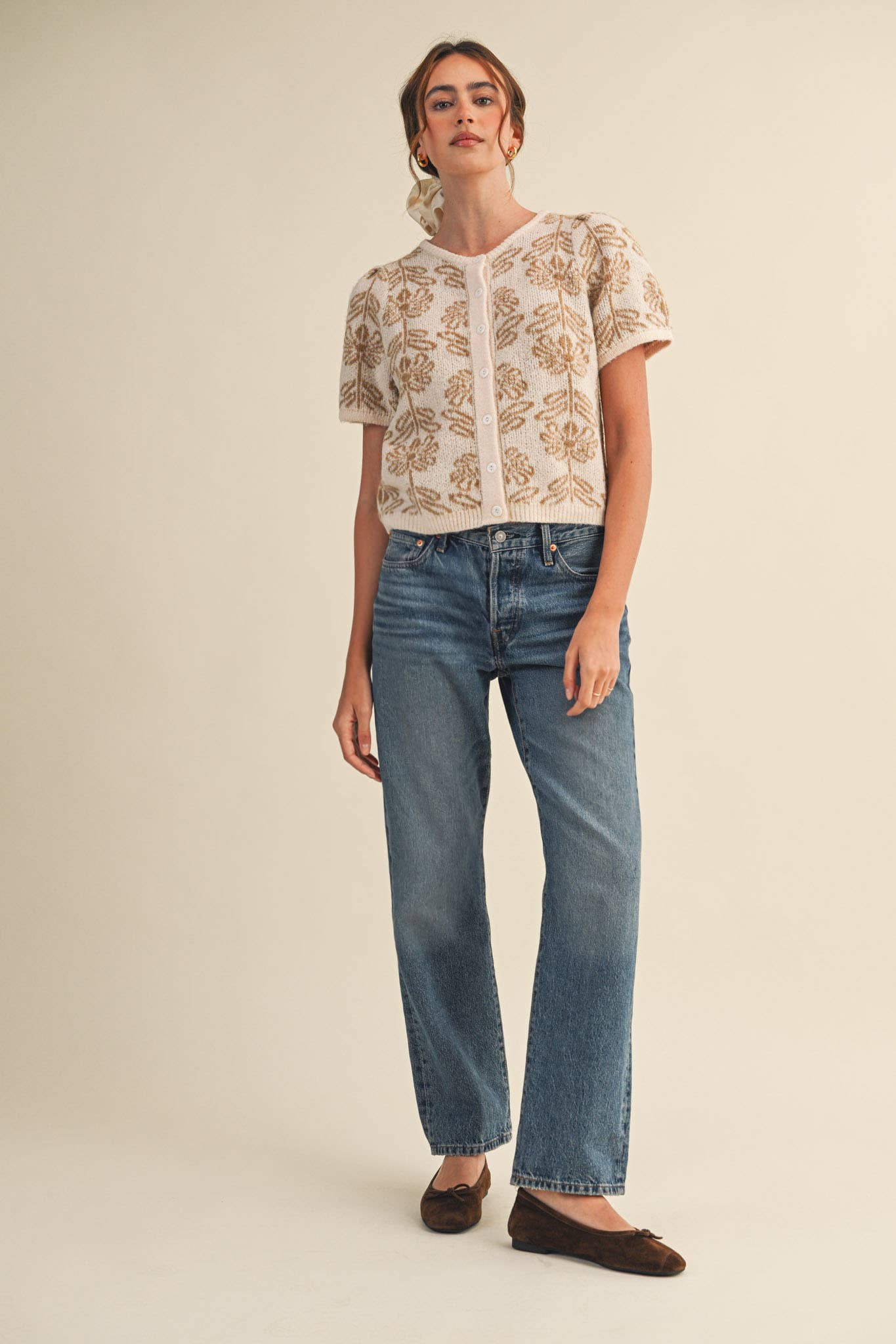 FLORAL KNIT SHORT PUFF SLEEVE SWEATER CARDIGAN MSW11215