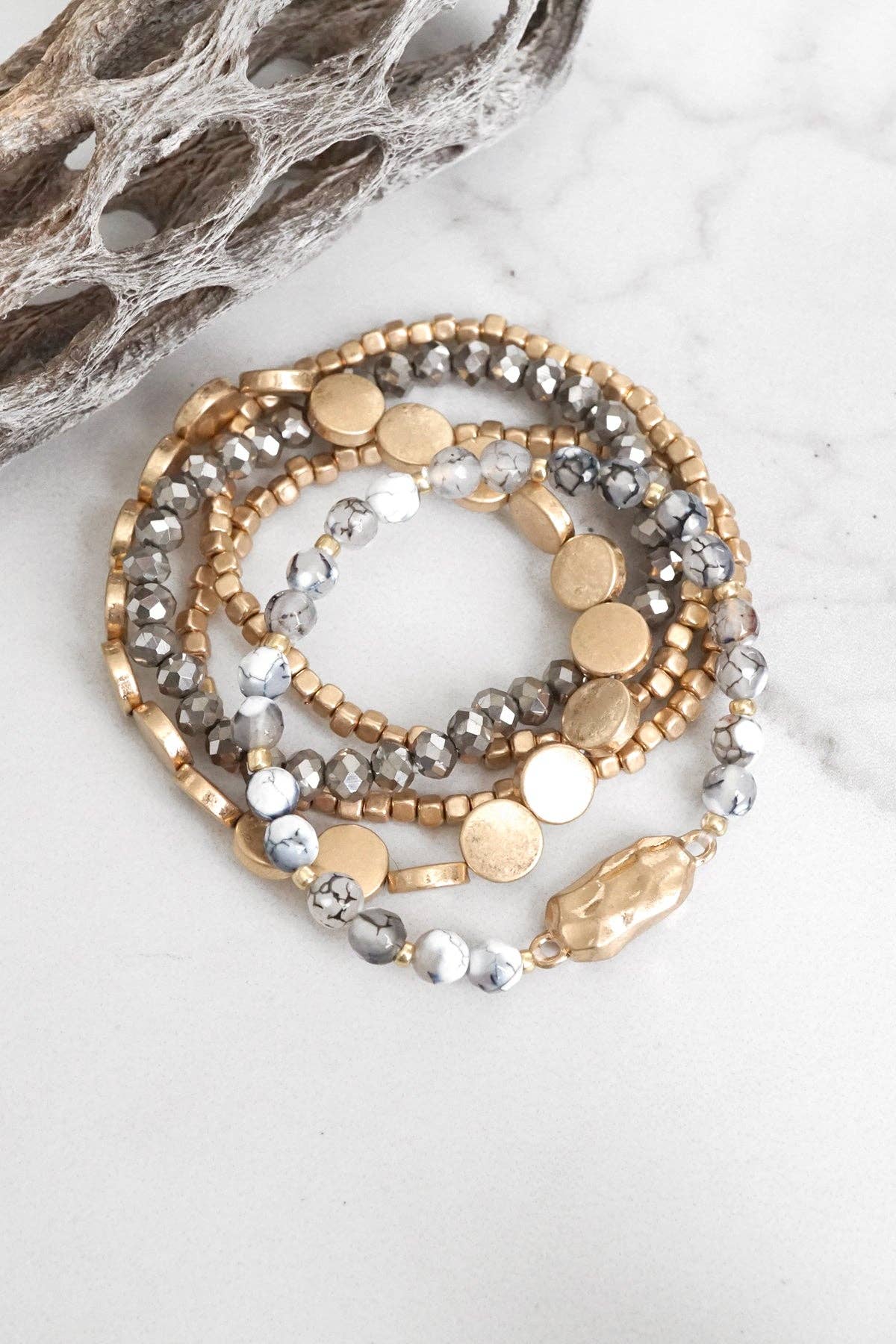 PennyLine inc - 5 piece Boho Beaded Bracelets Stack Semi Precious Metal Glass Beads Golden nugget flat beads