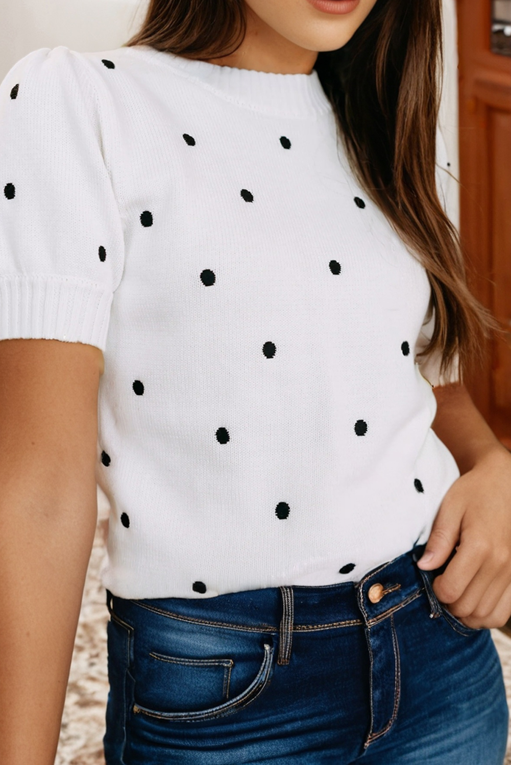 Little Daisy Closet - LDC Elegant Polka Dot Bubble Short Sleeve Sweater