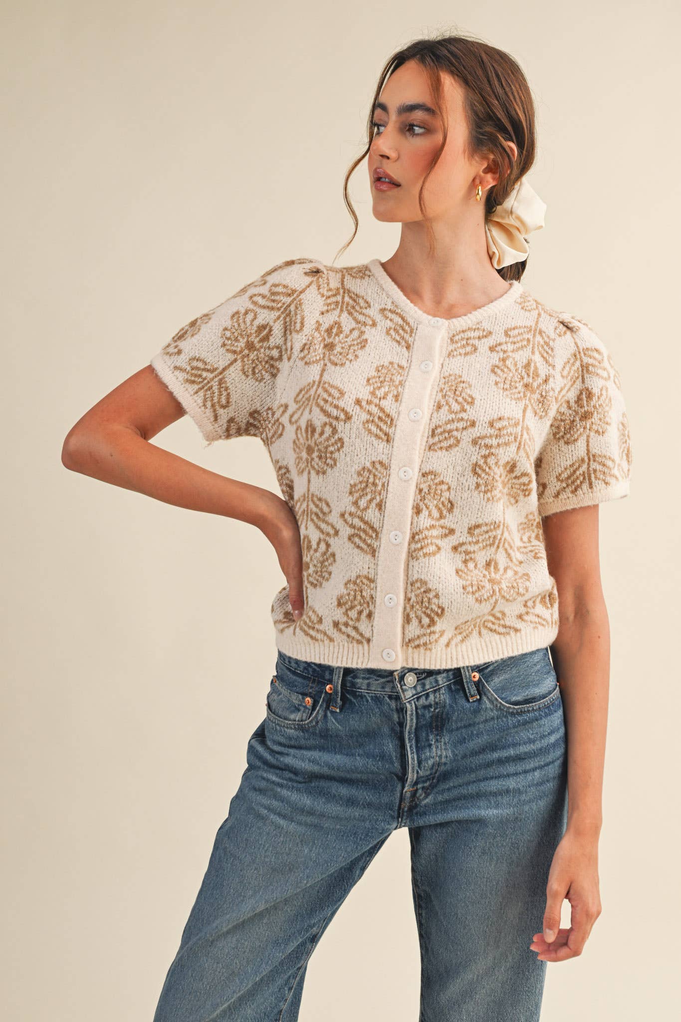 FLORAL KNIT SHORT PUFF SLEEVE SWEATER CARDIGAN MSW11215