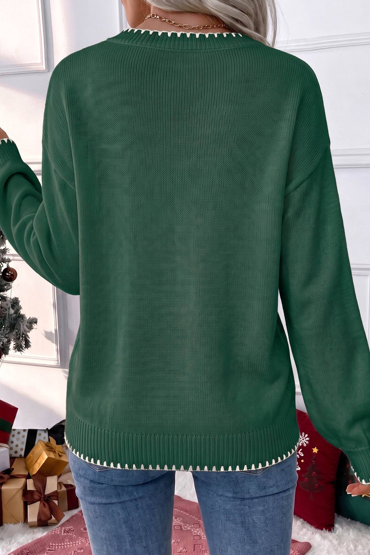 Stitched Detail Christmas Tree Holiday Casual Sweater