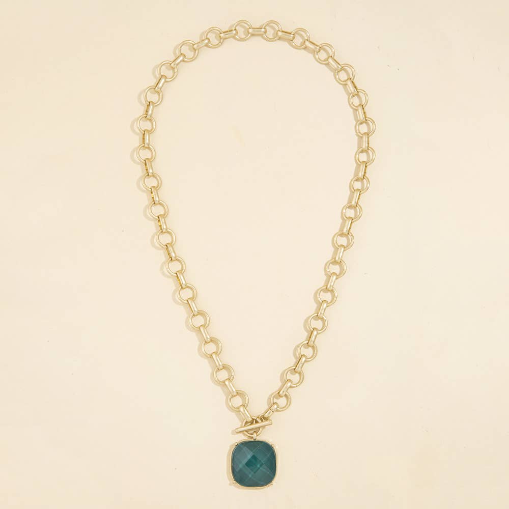 Matte Rolo Chain Toggle Stone Pendant Necklace