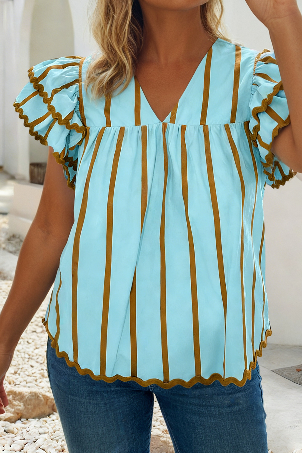 Ricrac Trim Double Ruffled Short Sleeve V Neck Stripe Blouse